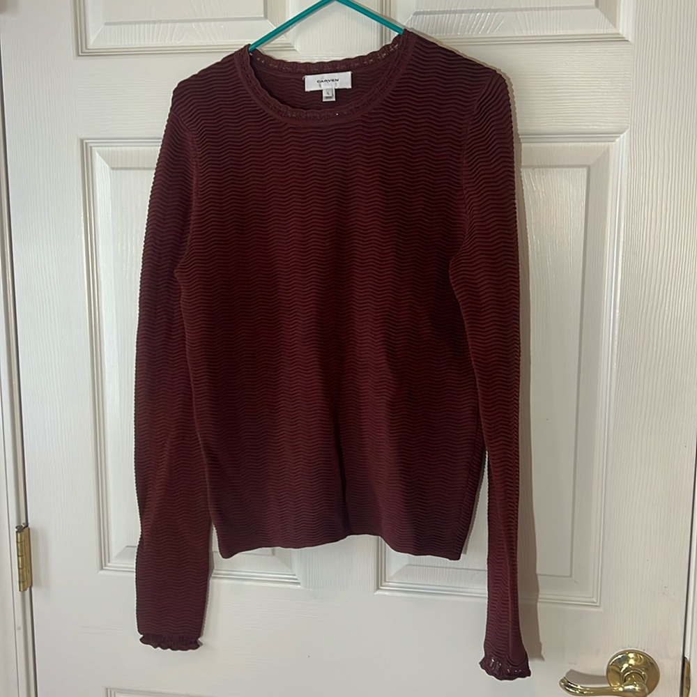 CARVEN Paris Textured Long Sleeve Top Maroon Burgundy, Sz Large